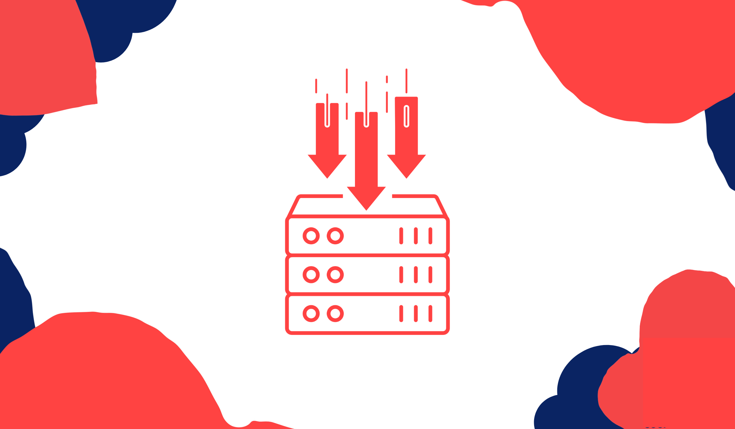 Pictogramme d'un serveur en rouge, avec trois flèches au-dessus et des formes abstraites rouges et bleu dans le cadre.